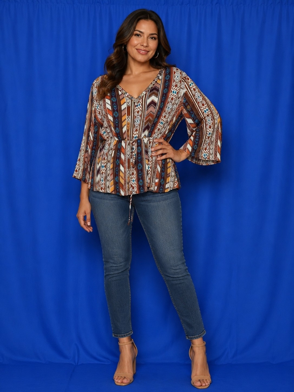 Cato Brown & Cream Geo Print V-Neck Blouse Size 19/20
